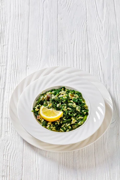 Spanakorizo Greek Spinach Rice Pilaf Lemon Dill Spring Onion White — Fotografia de Stock