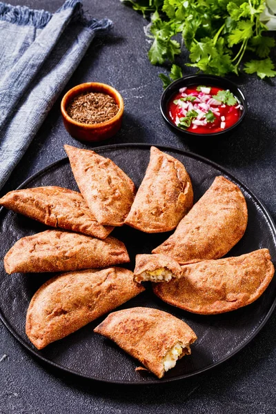 Fried Empanadas Hand Pies Hard Boiled Egg Fillings Black Platter — Stock Photo, Image