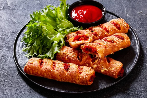 Chorizo Semi Dried Tomato Puff Pastry Rolls Black Plate Ketchup — Stock Photo, Image