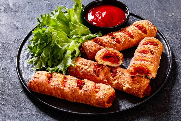 Chorizo Semi Dried Tomato Puff Pastry Rolls Black Plate Ketchup — Stock Photo, Image