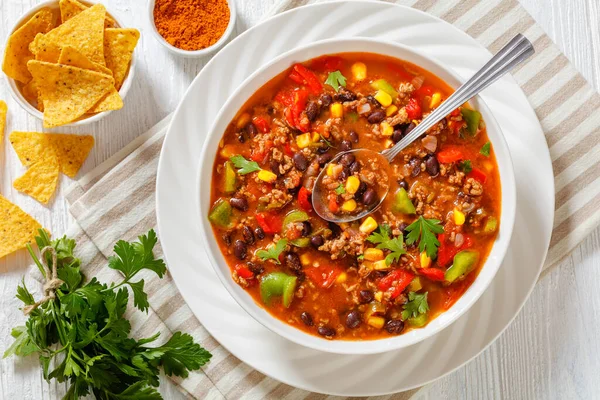 Taco Suppe Aus Hackfleisch Mais Bohnen Und Gemüse — Stockfoto