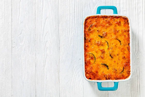 Polenta Ground Beef Meat Casserole Zucchini Melted Cheddar Cheese Baking — Stock Photo, Image