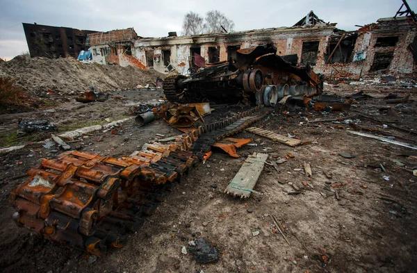 Trostianets Ucrania Abr 2022 Destruido Tanque Ruso Plaza Principal Ciudad — Foto de Stock