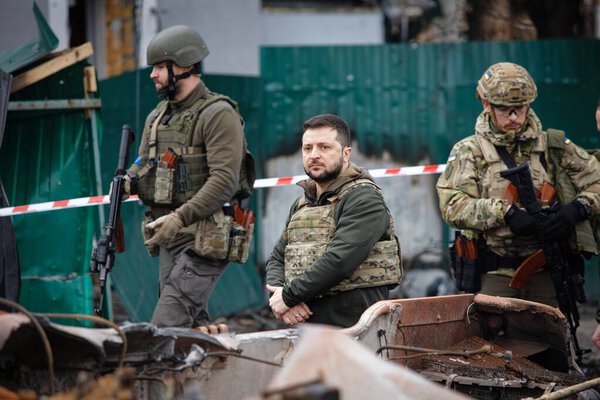 Bucha, Ukraine. APR 04, 2022 President of Ukraine Volodymyr Zelenskyy visit Bucha town after liberation it from Russian occupiers during Russian Ukrainian war