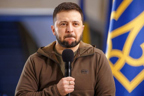 APR-23-2022 Press conference of Volodymyr Zelenskyy the President of Ukraine during Russian Ukrainian war at Kyiv Metro station to protect against air strikes. Kyiv, Ukraine