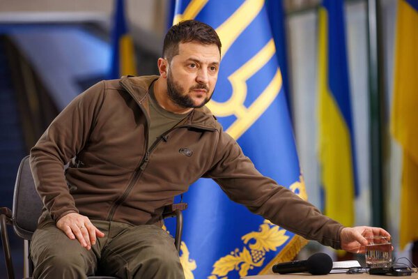 APR-23-2022 Press conference of Volodymyr Zelenskyy the President of Ukraine during Russian Ukrainian war at Kyiv Metro station to protect against air strikes. Kyiv, Ukraine