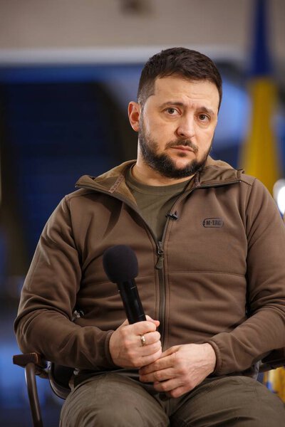 APR-23-2022 Press conference of Volodymyr Zelenskyy the President of Ukraine during Russian Ukrainian war at Kyiv Metro station to protect against air strikes. Kyiv, Ukraine