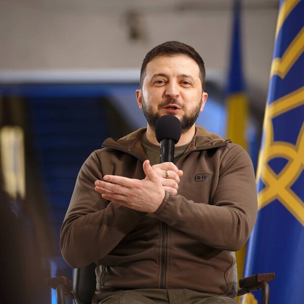 APR-23-2022 Press conference of Volodymyr Zelenskyy the President of Ukraine during Russian Ukrainian war at Kyiv Metro station to protect against air strikes. Kyiv, Ukraine