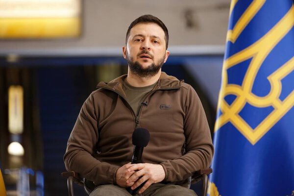 APR-23-2022 Press conference of Volodymyr Zelenskyy the President of Ukraine during Russian Ukrainian war at Kyiv Metro station to protect against air strikes. Kyiv, Ukraine