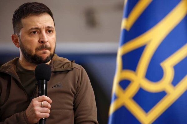 APR-23-2022 Press conference of Volodymyr Zelenskyy the President of Ukraine during Russian Ukrainian war at Kyiv Metro station to protect against air strikes. Kyiv, Ukraine