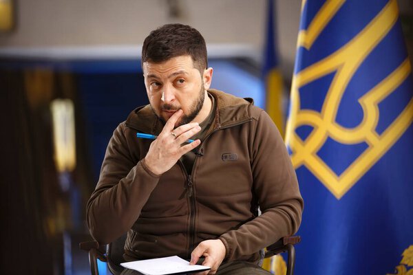 APR-23-2022 Press conference of Volodymyr Zelenskyy the President of Ukraine during Russian Ukrainian war at Kyiv Metro station to protect against air strikes. Kyiv, Ukraine
