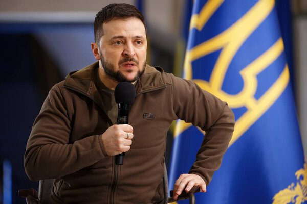 APR-23-2022 Press conference of Volodymyr Zelenskyy the President of Ukraine during Russian Ukrainian war at Kyiv Metro station to protect against air strikes. Kyiv, Ukraine