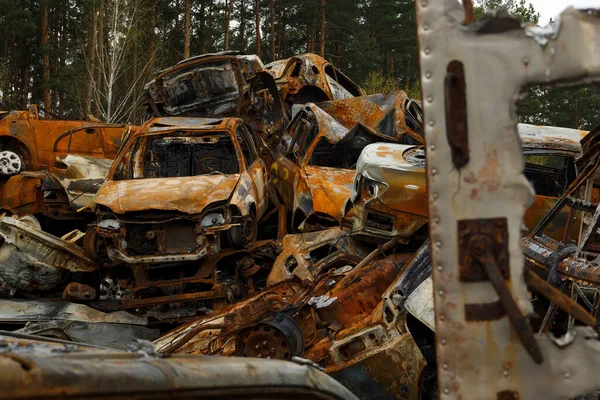 Irpin Ukraine Apr 2022 Dump Civilian Cars Stolen Russian Army — стокове фото