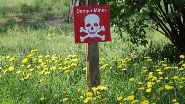 Een Plaat Met Een Schedel Kruisbeenderen Inscriptie Danger Mines Tegen — Stockvideo