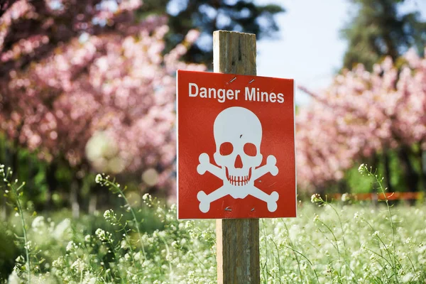 A plate with a skull and crossbones and the inscription Danger Mines against the backdrop of cherry blossoms