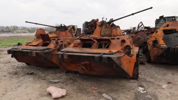 Bucha Ukraine Apr 2022 Burnt Destroyed Russian Military Armored Vehicles — Wideo stockowe