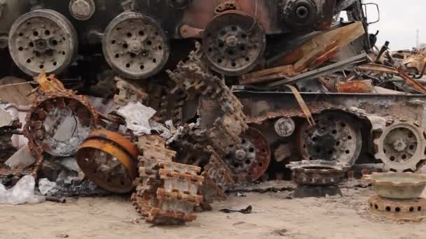 Bucha Ukraine Apr 2022 Burnt Destroyed Russian Military Armored Vehicles — стоковое видео