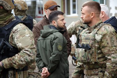 SEPT 14 2022 Ukrayna Devlet Başkanı Volodymyr Zelensky Rusya 'nın Ukrayna savaşı sırasında Harkiv' i ziyaret etti. Kharkiv, Ukrayna