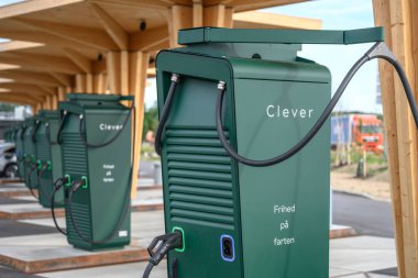 KOGE, DENMARK - JUNE 30, 2022: Closeup view of rapid charger on charging station. CLEVER is the leading electric mobility service provider in Scandinavia