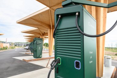 KOGE, DENMARK - JUNE 30, 2022: Closeup view of rapid charger on charging station. CLEVER is the leading electric mobility service provider in Scandinavia