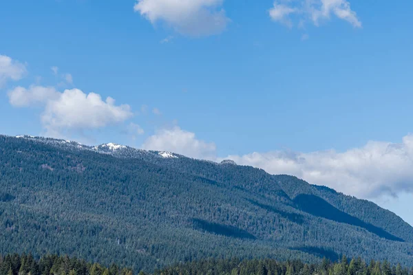 Büyük Dağ Mavi Gökyüzü Beyaz Bulutlarla Kaplı Yeşil Ormanla Kaplı — Stok fotoğraf