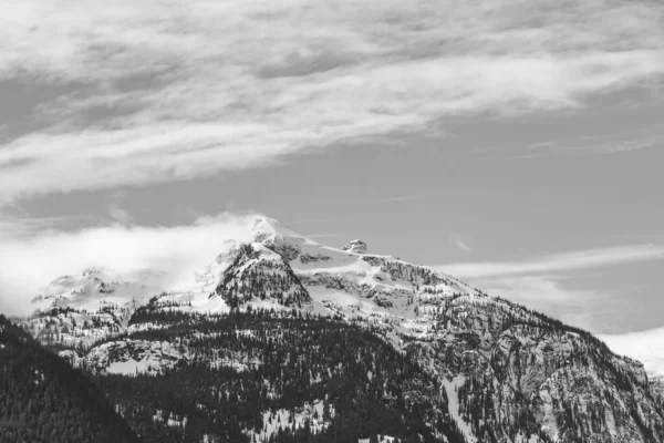 Panorama Preto Branco Enormes Montanhas Cobertas Por Neve Colúmbia Britânica — Fotografia de Stock