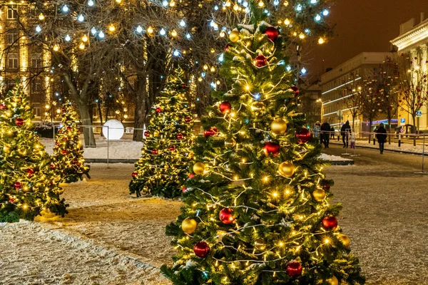Под открытым небом Рождество и новогодняя елка с золотым светом украшения на ночной вечеринке зимой — стоковое фото