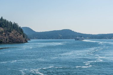 VANCOUVER, Kanada - 29 Haziran 2021: Gürcistan Boğazı, sudaki yeşil orman feribotuyla kaplı adalar kıyısı.