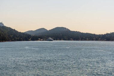 VANCOUVER, Kanada - 29 Haziran 2021: Gürcistan Boğazı, sudaki yeşil orman feribotuyla kaplı adalar kıyısı.