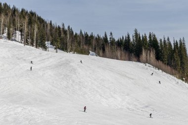 REVELSTOKE, CANADA - 17 Mart 2021: insanlar yeni yağmış kar kayak merkezlerinde yokuş aşağı kayıyorlar.