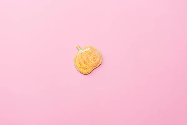 Sweet Homemade Pumpkin Cookie Icing Isolated Pink Background Minimal Flat Royalty Free Stock Images