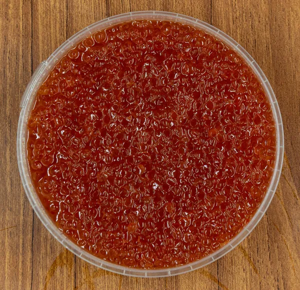 Caviar Rojo Primer Plano Macro Sobre Fondo Tabla Madera — Foto de Stock