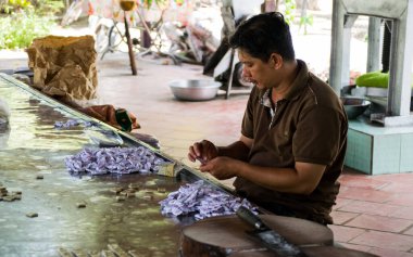 Mekong Delta, Vietnam - 26 Nisan 2018: İşçi meyve çiğneme tatlısı yapıyor