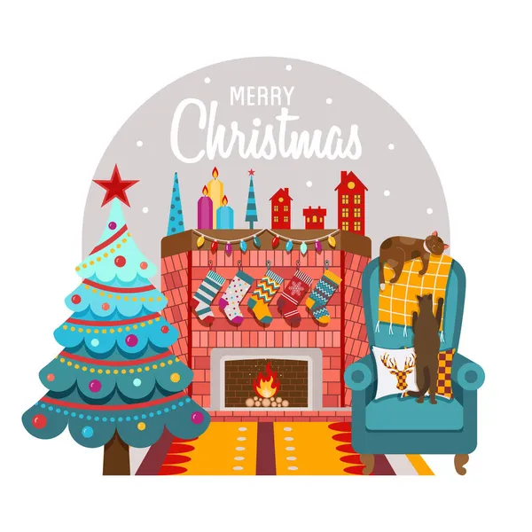 Gemütliche Weihnachten mit Kamin und Katzen Postkarte — Stockvektor