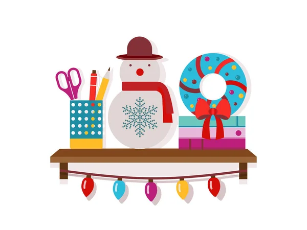 Półka świąteczna z ozdobnymi zabawkami i prezentami — Wektor stockowy