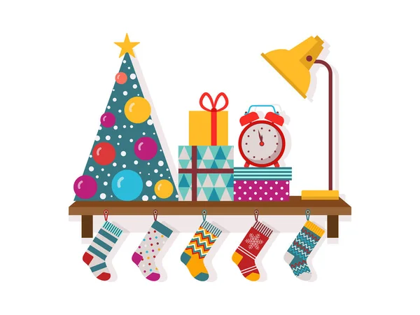圣诞架子上有装饰玩具和礼物 — 图库矢量图片