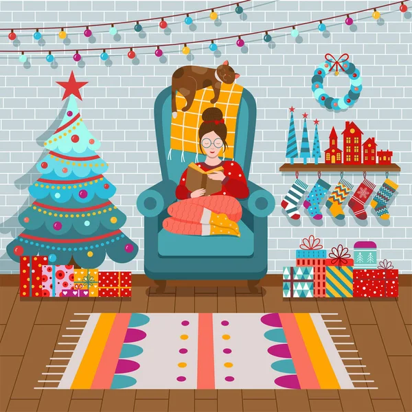 Интерьер рождественской комнаты с девушкой в свитере — стоковый вектор