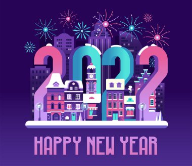 2022 Mutlu yıllar Havai fişekli Yeni Yıl Sahnesi