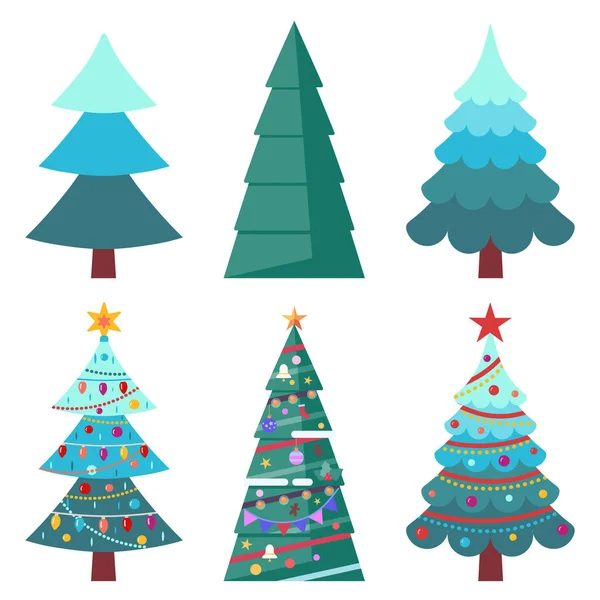 Flach dekorierte und nicht dekorierte Weihnachtsbäume — Stockvektor