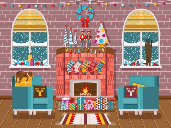 Interior de Natal acolhedor com lareira e gatos —  Vetores de Stock