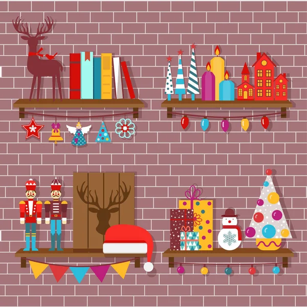 Prateleiras de Natal com brinquedos de decoração e presentes —  Vetores de Stock