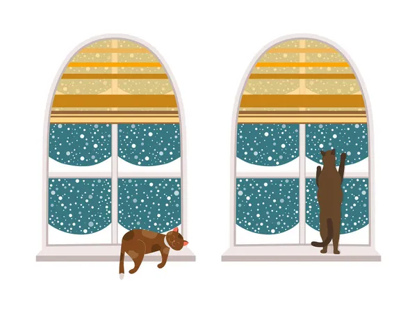 Vinterkatter Tittar på fönstret på snöfall — Stock vektor