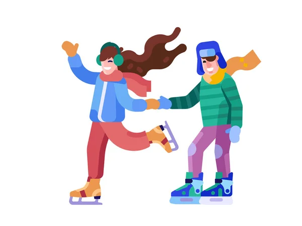 Winter Happy Couple Skating on Ice Rink — Stock Vector