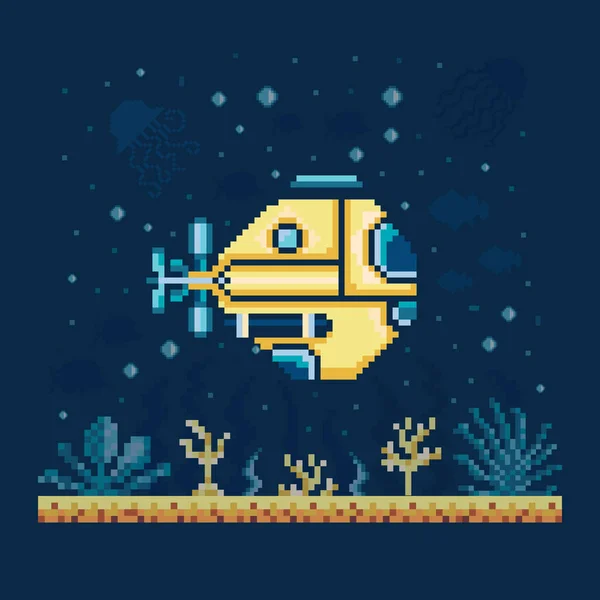 Pixel Art Bathyscaphe na mořském dně — Stockový vektor