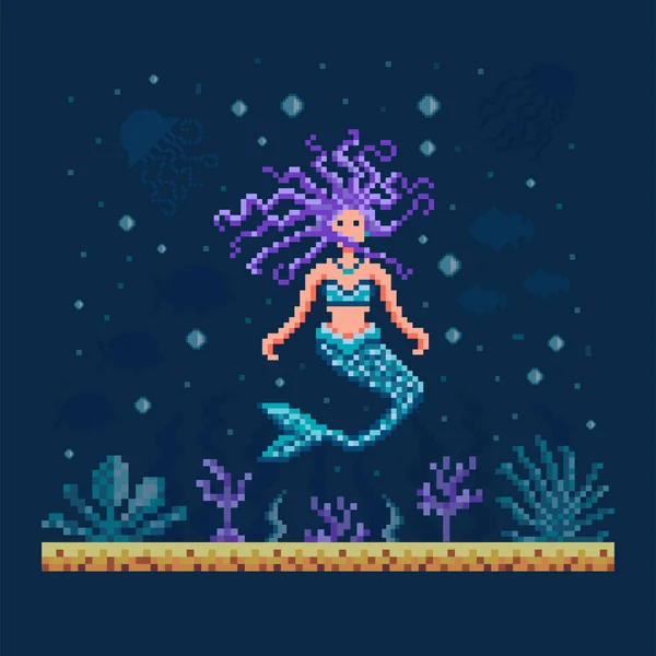 Pixel Art Sirena sul fondo del mare Paesaggio — Vettoriale Stock