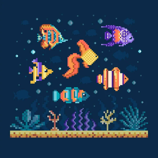 Pixel Art Fishes on Seabed Underwater Landscape — Stock Vector