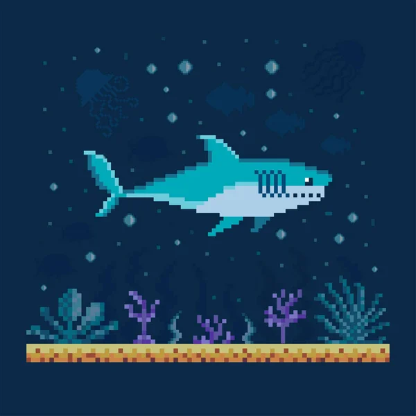 Pixel Art Tubarão navega sobre a paisagem do fundo do mar — Vetor de Stock