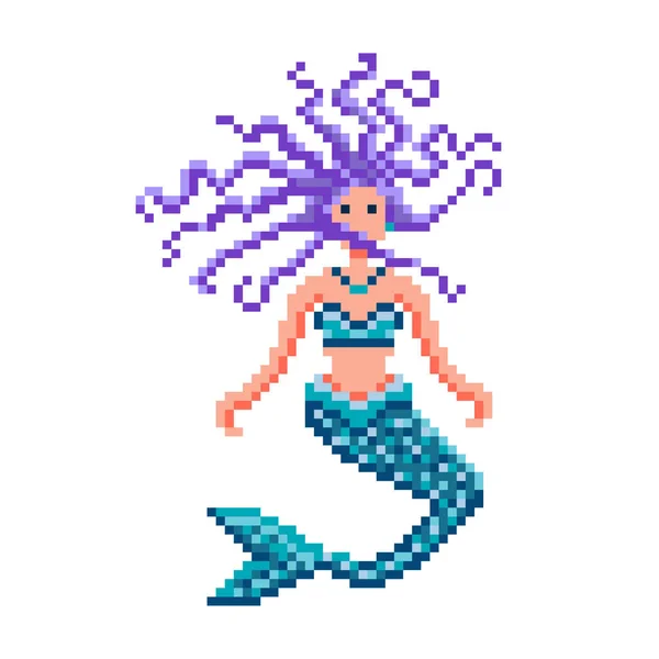 Pixel Art Mermaid Sea Girl con coda di pesce — Vettoriale Stock