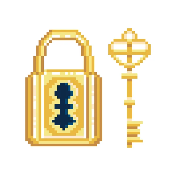 Pixel Art Lock e chave em estilo de jogo de 8 bits — Vetor de Stock