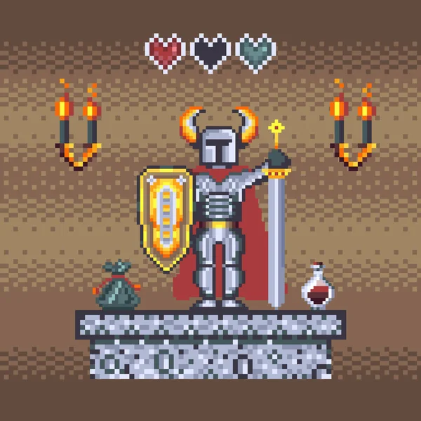 Pixel Art Medieval Knight in Dungeons Scene — Stockový vektor